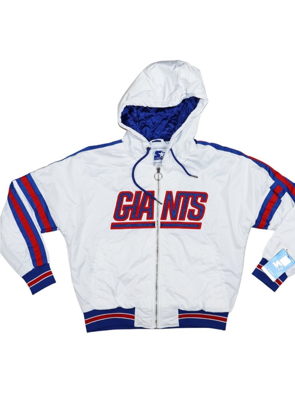 STARTER Unisex Small White Hooded Jacket with Blue & Red Trim NWT #NFL #Giants